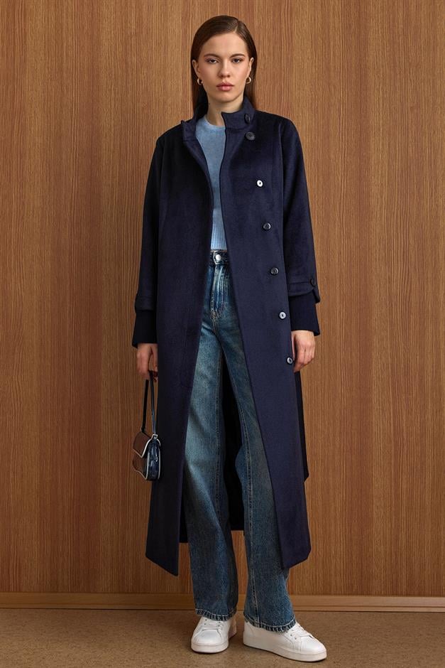 Hakim Yaka Ribana Detaylı Uzun Moher Kaban LACİVERT 3160