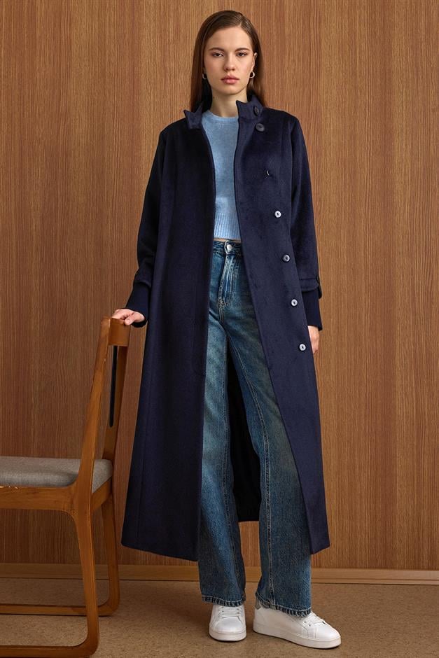 Hakim Yaka Ribana Detaylı Uzun Moher Kaban LACİVERT 3160