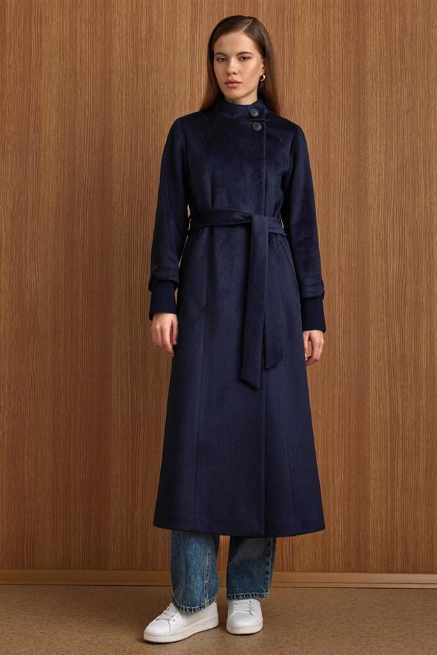 Hakim Yaka Ribana Detaylı Uzun Moher Kaban LACİVERT 3160