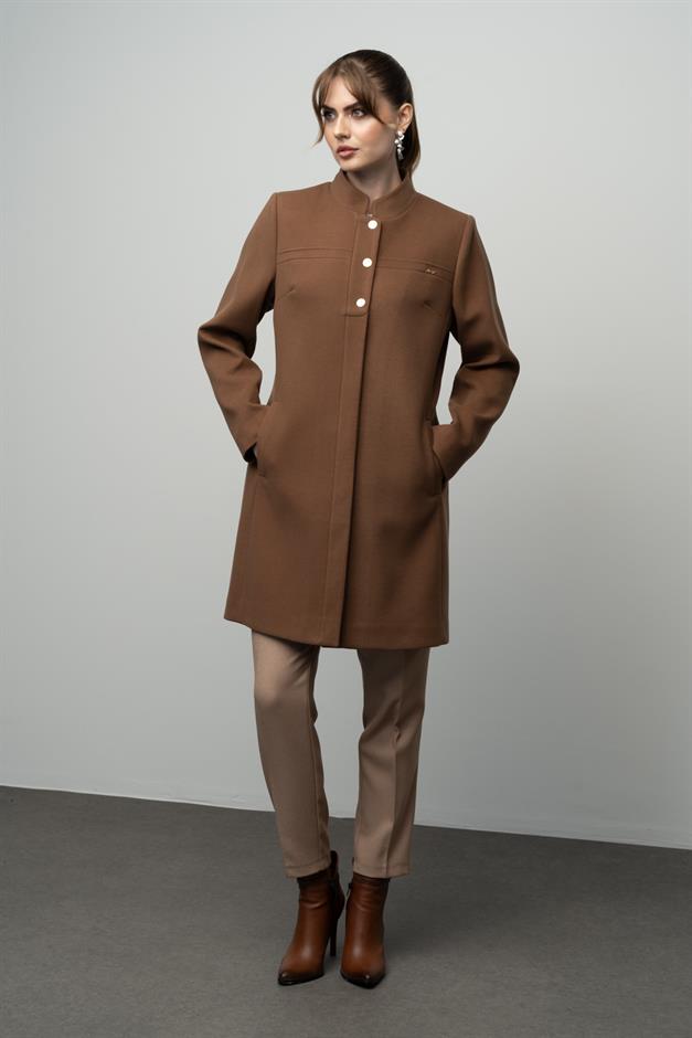 Mandarin Collar Robe Ribbed Detail Coat CAMEL 3034
