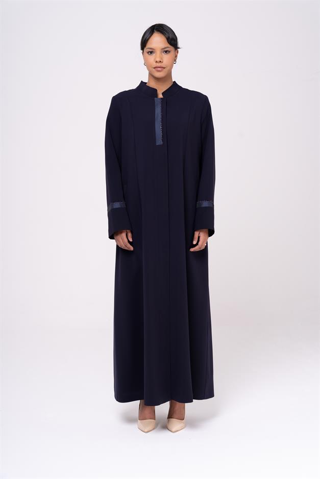 Hakim Yaka Tafta ve İşleme Detaylı Astarlı Büyük Beden Pardesü LACİVERT 6547
