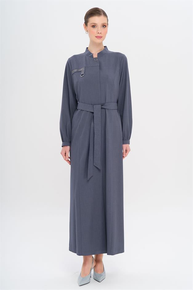 Hakim Yaka Taş ve Desen Detaylı Astarsız Pardesü İNDİGO 6716