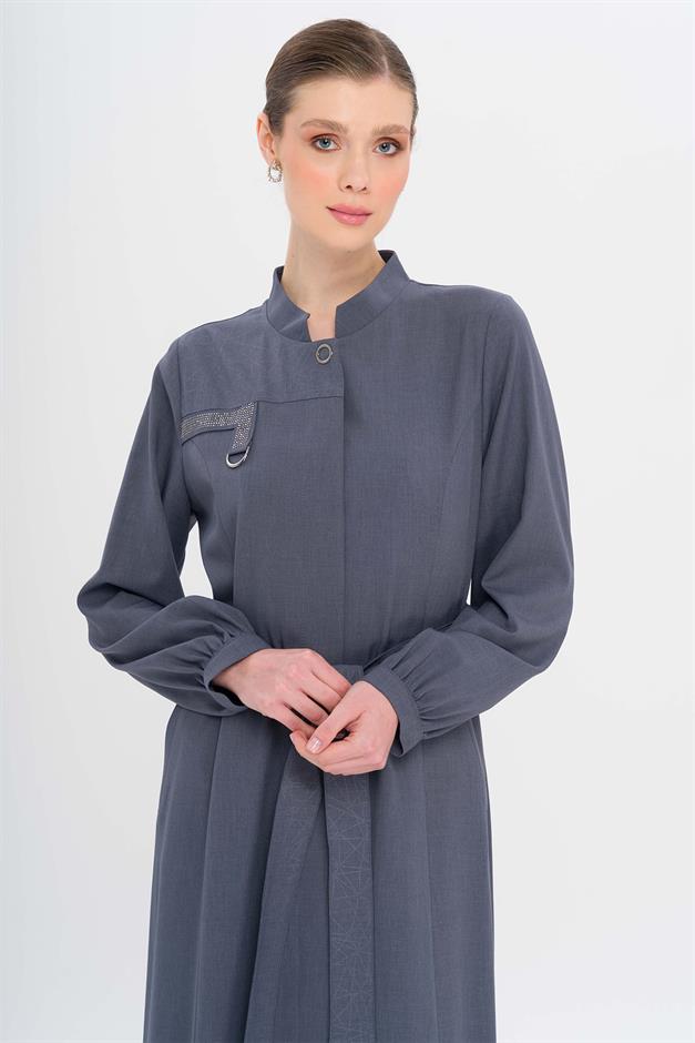 Hakim Yaka Taş ve Desen Detaylı Astarsız Pardesü İNDİGO 6716