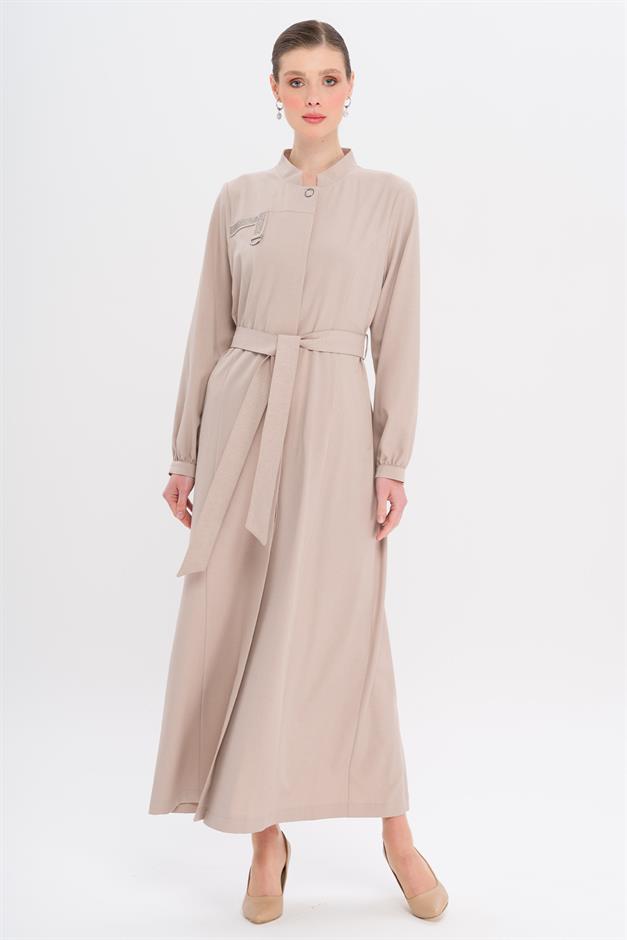 Hakim Yaka Taş ve Desen Detaylı Astarsız Pardesü TAŞ 6716