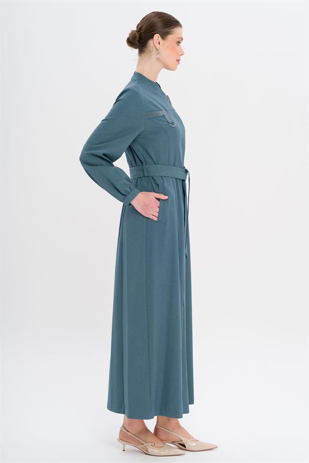 Hakim Yaka Taş ve Desen Detaylı Astarsız Pardesü MİNT 6716