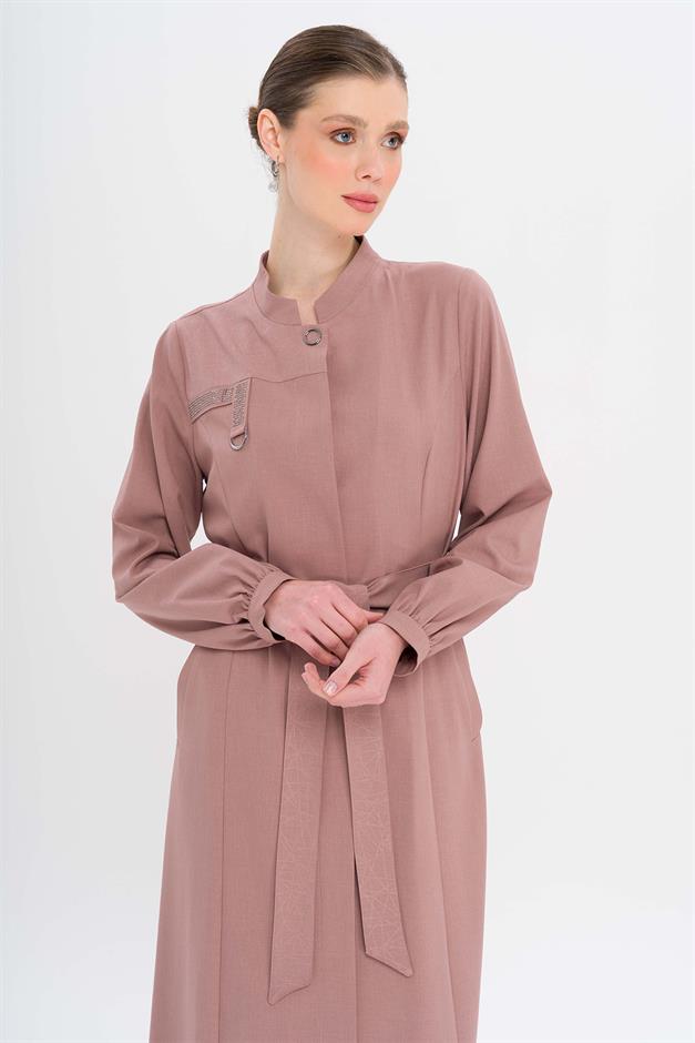 Hakim Yaka Taş ve Desen Detaylı Astarsız Pardesü GÜL KURUSU 6716