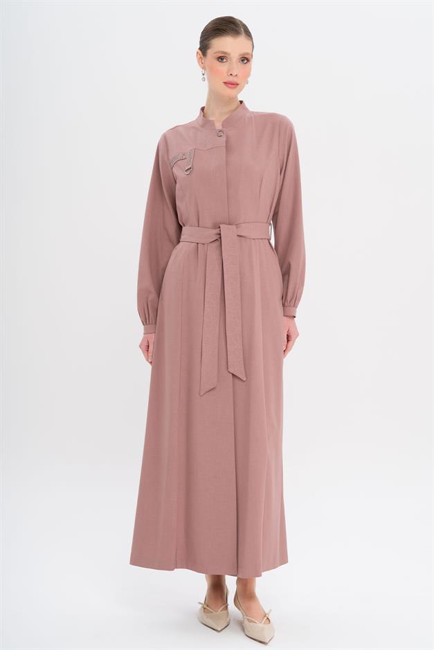 Hakim Yaka Taş ve Desen Detaylı Astarsız Pardesü GÜL KURUSU 6716