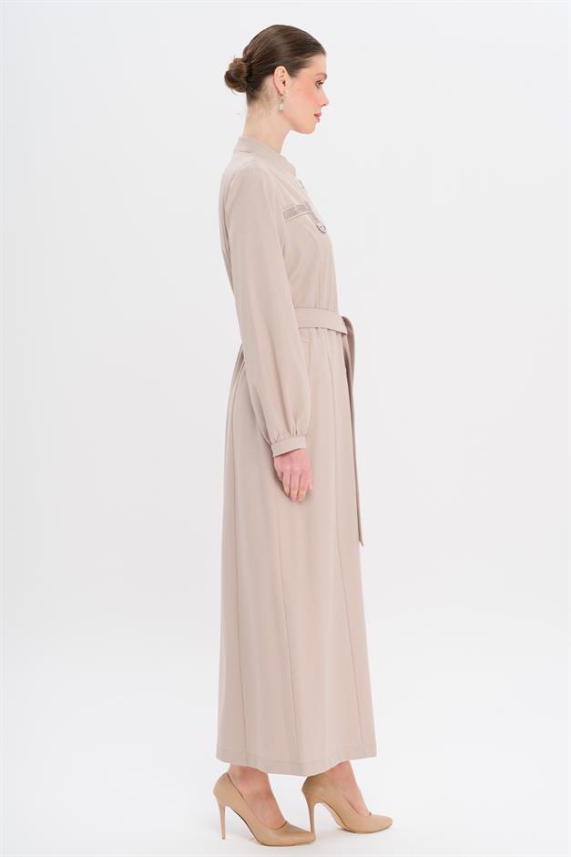 Hakim Yaka Taş ve Desen Detaylı Astarsız Pardesü TAŞ 6716