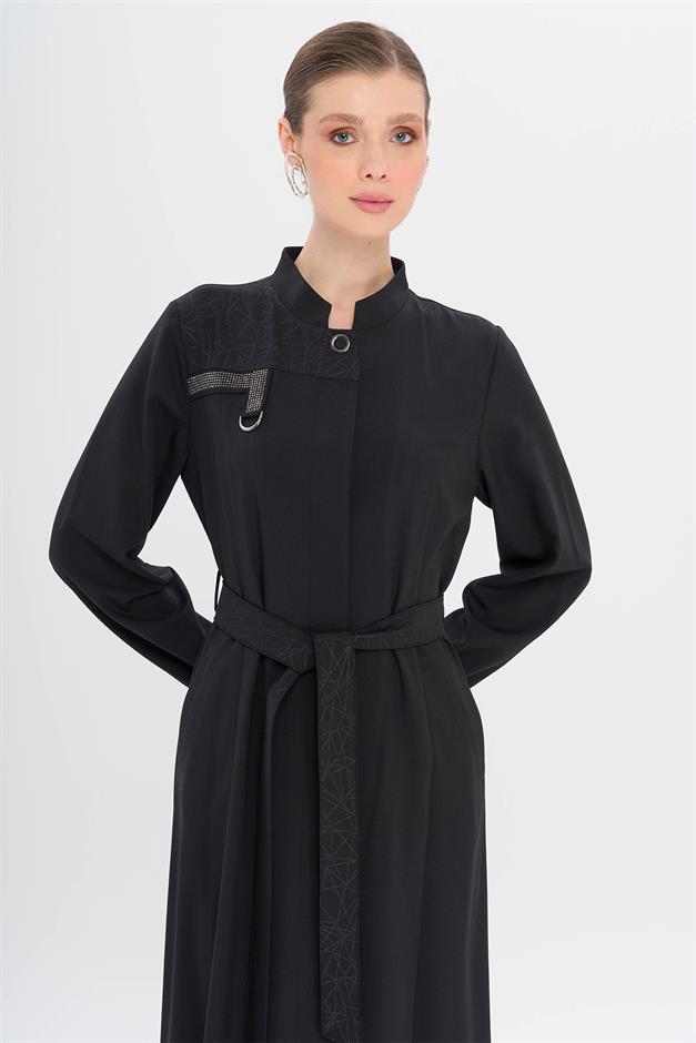 Hakim Yaka Taş ve Desen Detaylı Astarsız Pardesü SİYAH 6716