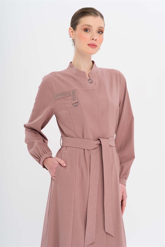 Hakim Yaka Taş ve Desen Detaylı Astarsız Pardesü GÜL KURUSU 6716