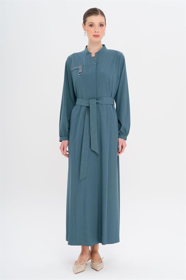 Hakim Yaka Taş ve Desen Detaylı Astarsız Pardesü MİNT 6716