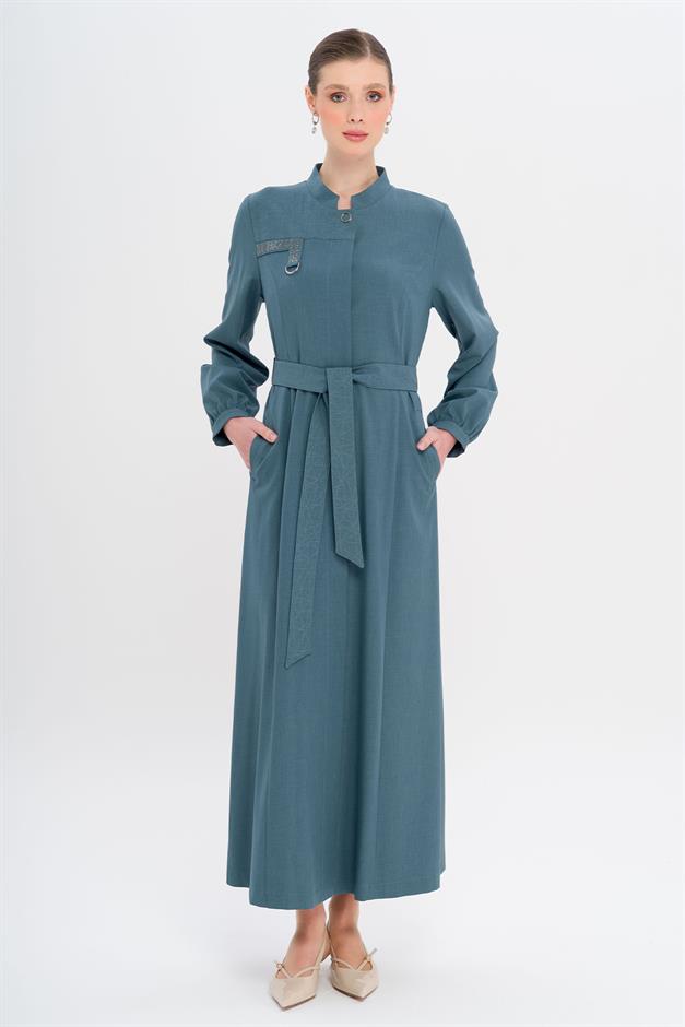 Hakim Yaka Taş ve Desen Detaylı Astarsız Pardesü MİNT 6716