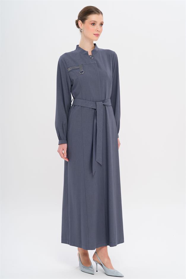 Hakim Yaka Taş ve Desen Detaylı Astarsız Pardesü İNDİGO 6716