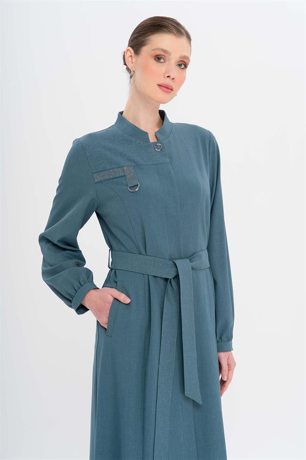 Hakim Yaka Taş ve Desen Detaylı Astarsız Pardesü MİNT 6716