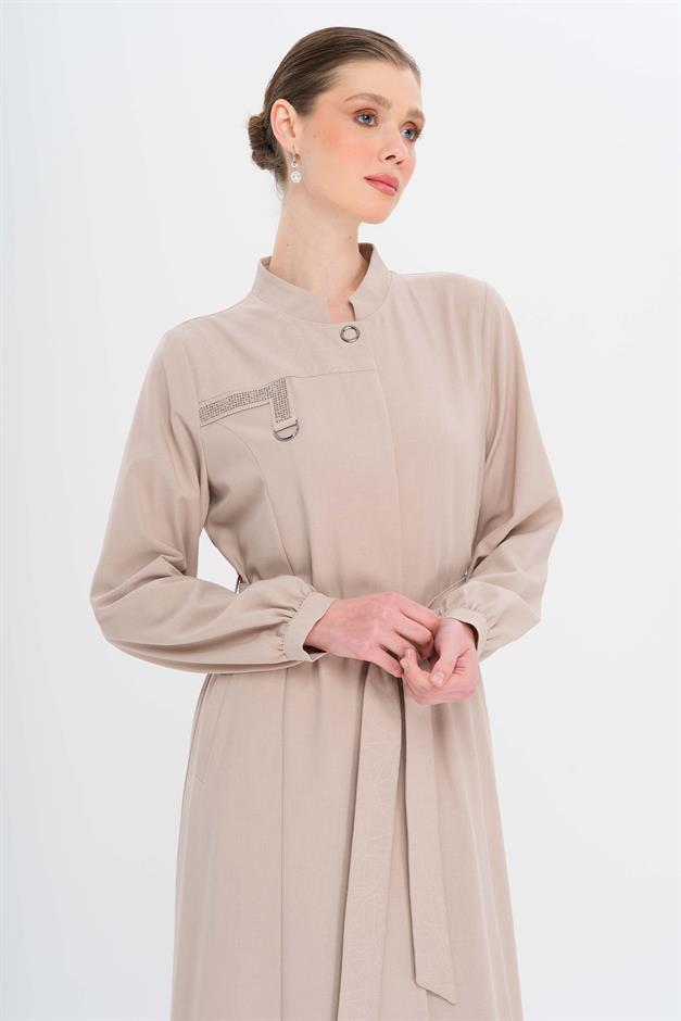 Hakim Yaka Taş ve Desen Detaylı Astarsız Pardesü TAŞ 6716