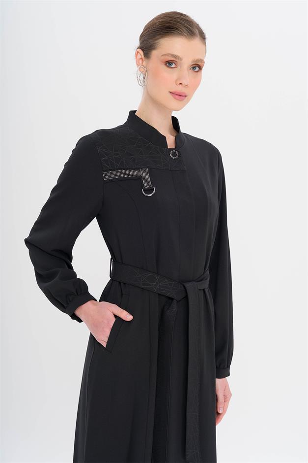 Hakim Yaka Taş ve Desen Detaylı Astarsız Pardesü SİYAH 6716