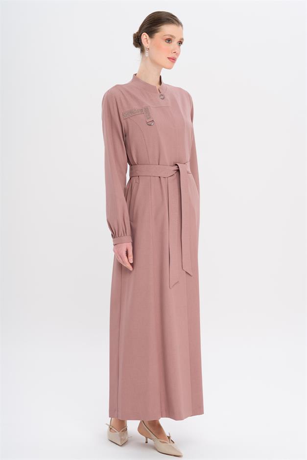 Hakim Yaka Taş ve Desen Detaylı Astarsız Pardesü GÜL KURUSU 6716