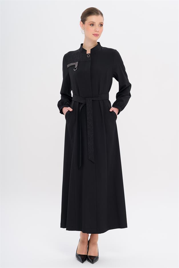 Hakim Yaka Taş ve Desen Detaylı Astarsız Pardesü SİYAH 6716