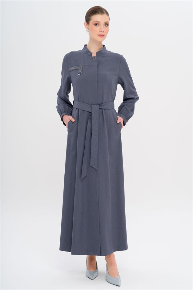 Hakim Yaka Taş ve Desen Detaylı Astarsız Pardesü İNDİGO 6716