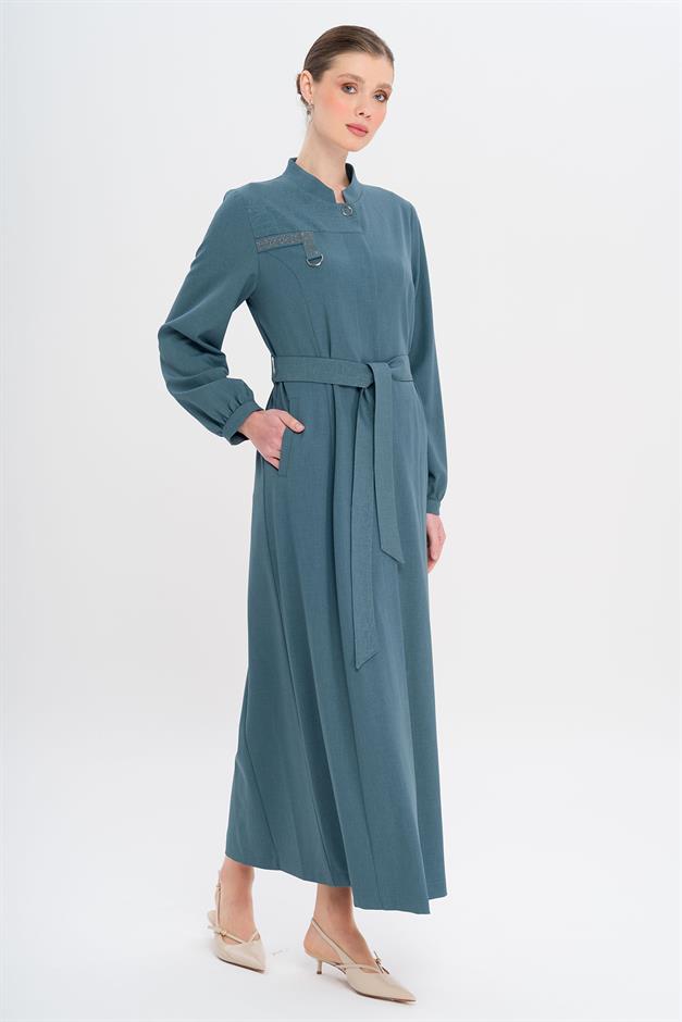 Hakim Yaka Taş ve Desen Detaylı Astarsız Pardesü MİNT 6716