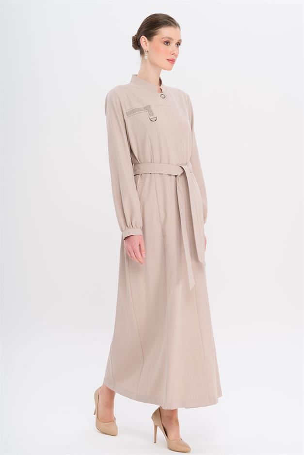 Hakim Yaka Taş ve Desen Detaylı Astarsız Pardesü TAŞ 6716