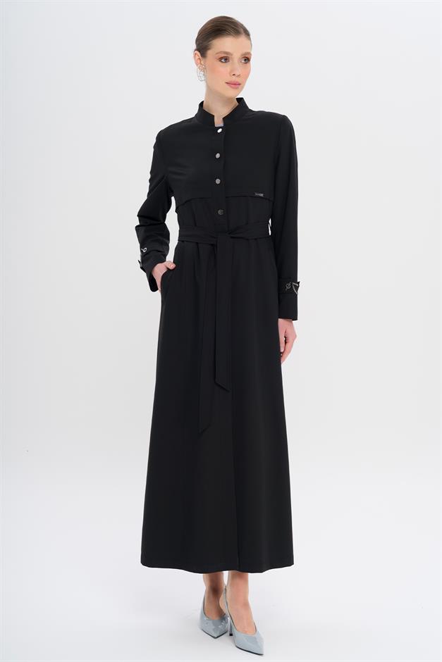 Hakim Yaka Zincir Aksesuarlı Astarlı Pardesü SİYAH 6742