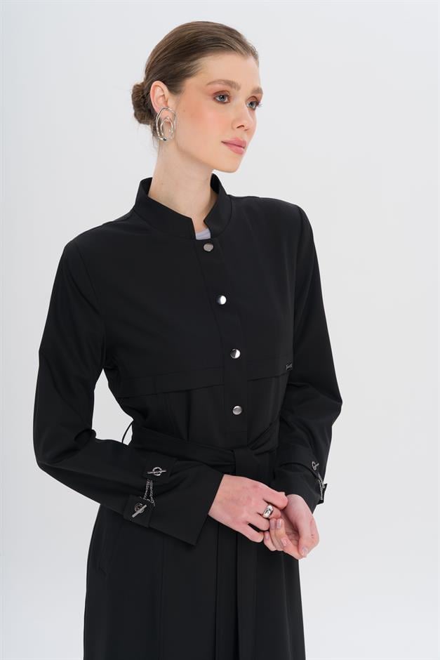 Hakim Yaka Zincir Aksesuarlı Astarlı Pardesü SİYAH 6742