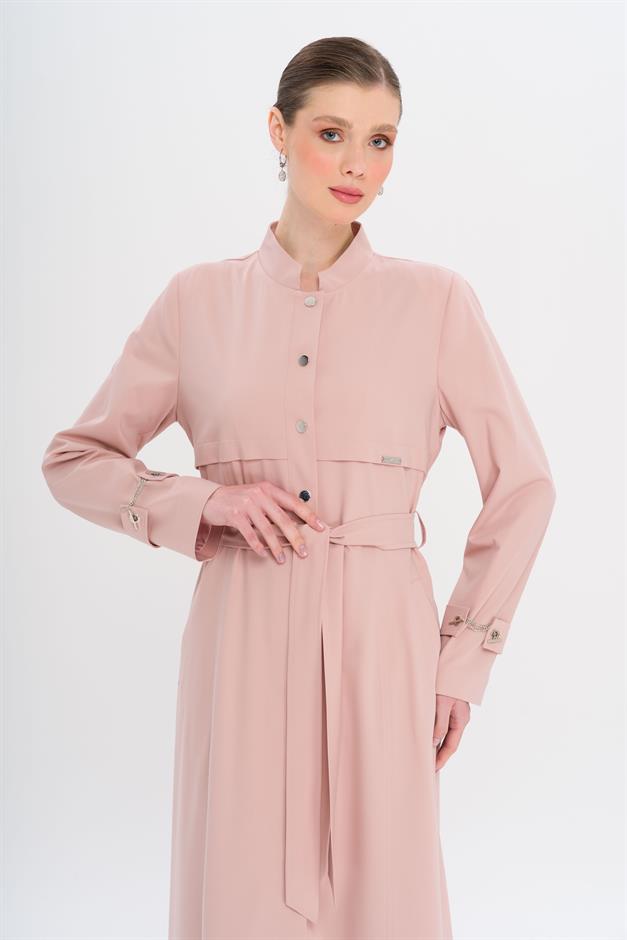 Hakim Yaka Zincir Aksesuarlı Astarlı Pardesü PUDRA 6742