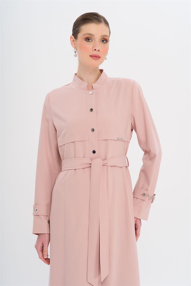 Hakim Yaka Zincir Aksesuarlı Astarlı Pardesü PUDRA 6742