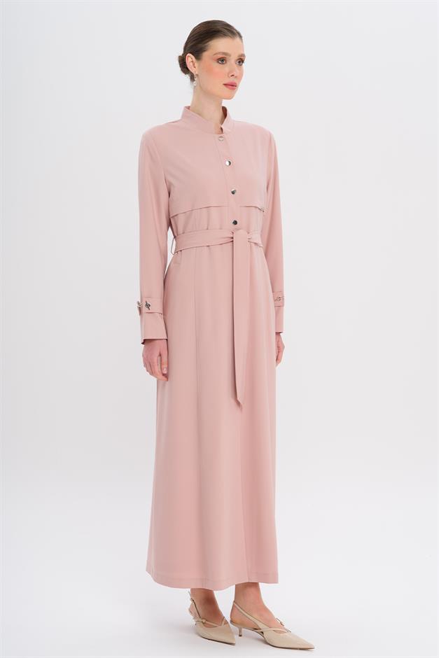 Hakim Yaka Zincir Aksesuarlı Astarlı Pardesü PUDRA 6742