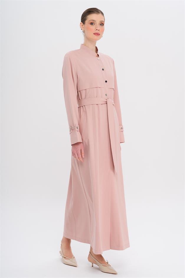 Hakim Yaka Zincir Aksesuarlı Astarlı Pardesü PUDRA 6742