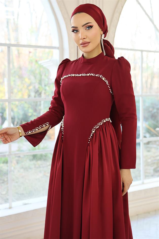 İnci Detaylı Krep ve Saten Kombinli Kloş Tesettür BORDO 1686