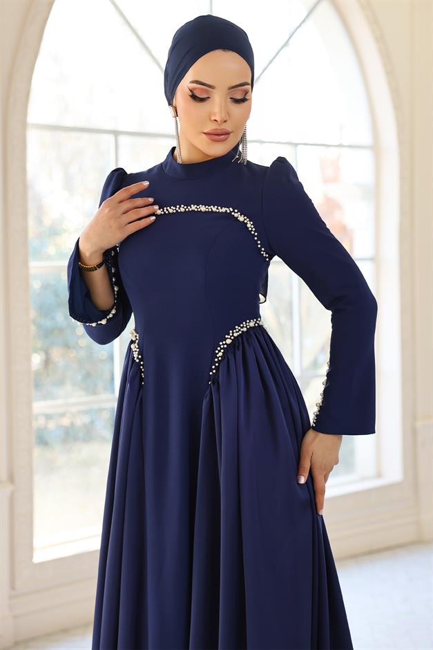 İnci Detaylı Krep ve Saten Kombinli Kloş Tesettür LACİVERT 1686
