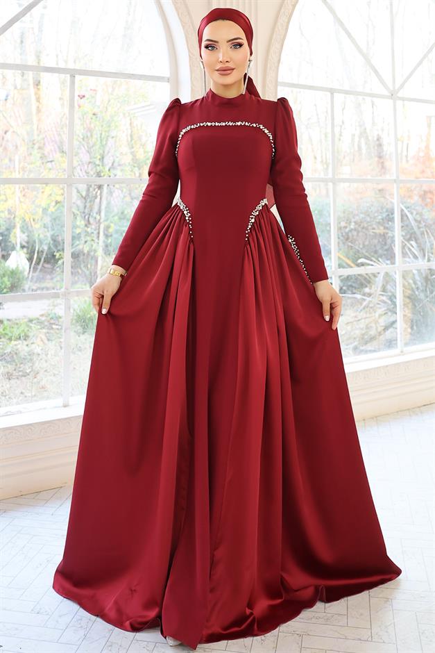 İnci Detaylı Krep ve Saten Kombinli Kloş Tesettür BORDO 1686