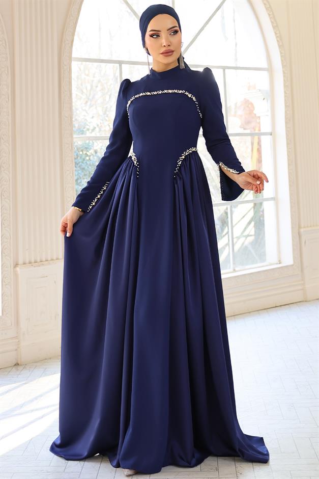 İnci Detaylı Krep ve Saten Kombinli Kloş Tesettür LACİVERT 1686