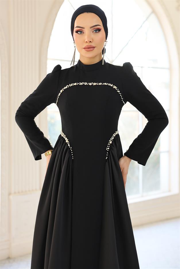 İnci Detaylı Krep ve Saten Kombinli Kloş Tesettür SİYAH 1686