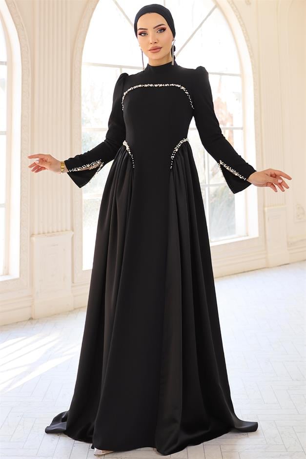 İnci Detaylı Krep ve Saten Kombinli Kloş Tesettür SİYAH 1686