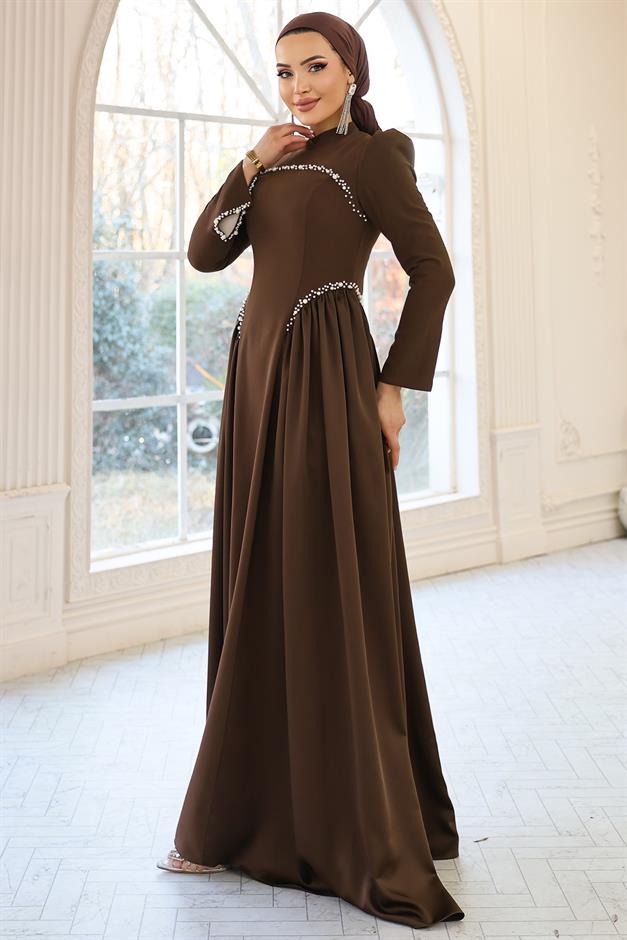 İnci Detaylı Krep ve Saten Kombinli Kloş Tesettür KAHVE 1686