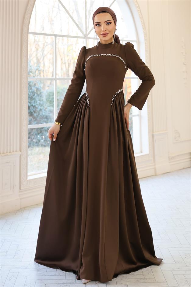 İnci Detaylı Krep ve Saten Kombinli Kloş Tesettür KAHVE 1686