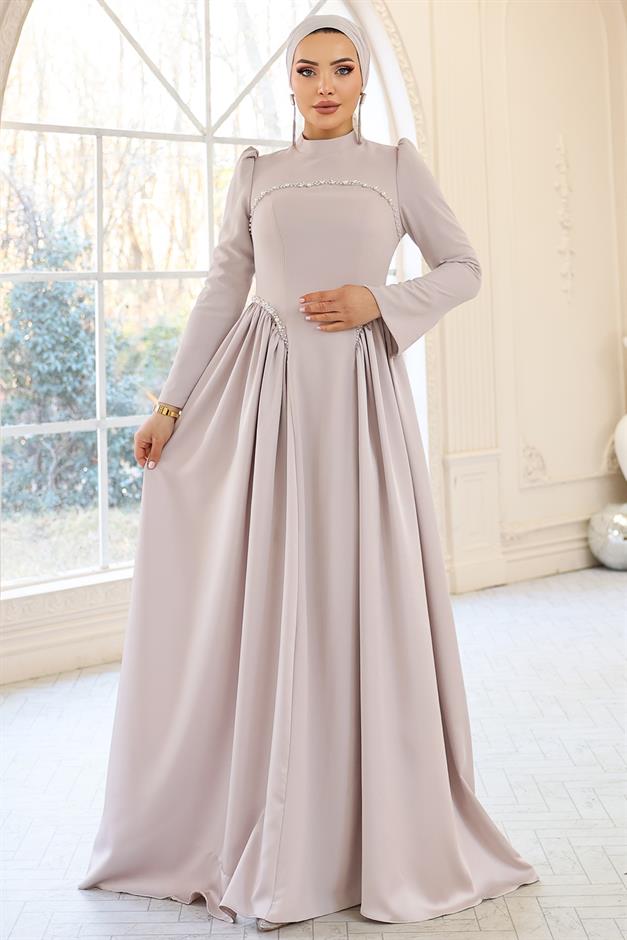 İnci Detaylı Krep ve Saten Kombinli Kloş Tesettür TAŞ 1686