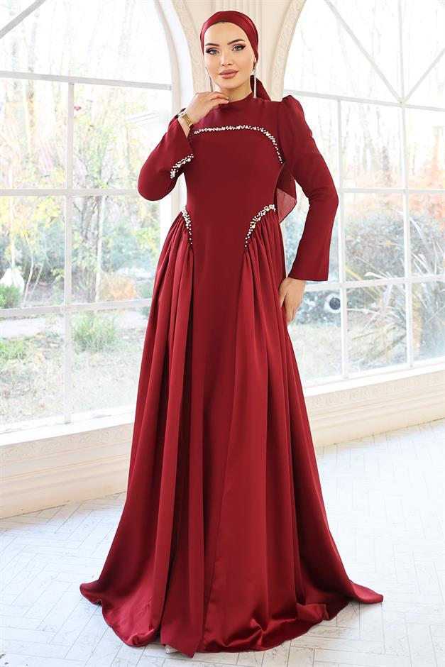 İnci Detaylı Krep ve Saten Kombinli Kloş Tesettür BORDO 1686