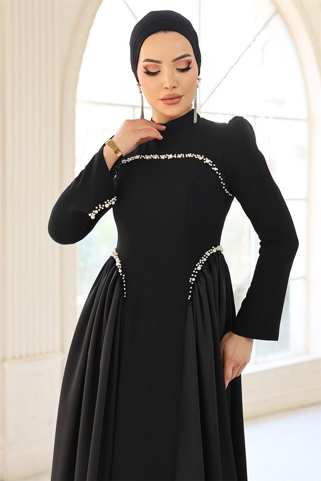 İnci Detaylı Krep ve Saten Kombinli Kloş Tesettür SİYAH 1686