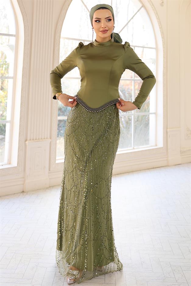 İnci Detaylı Saten ve Tül Kombinli Exclusive Tesettür Abiye Elbise HAKİ 1060