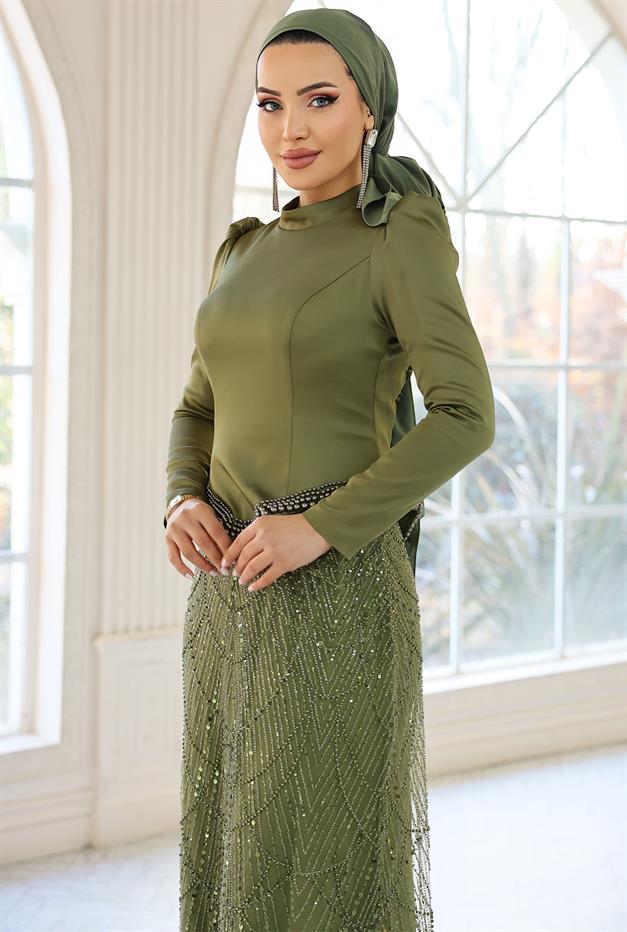 İnci Detaylı Saten ve Tül Kombinli Exclusive Tesettür Abiye Elbise HAKİ 1060