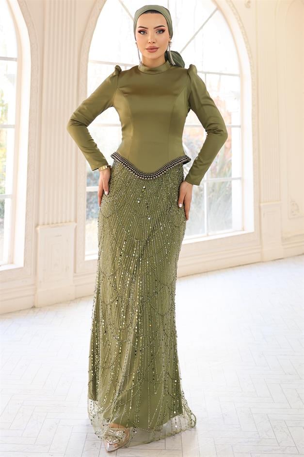 İnci Detaylı Saten ve Tül Kombinli Exclusive Tesettür Abiye Elbise HAKİ 1060