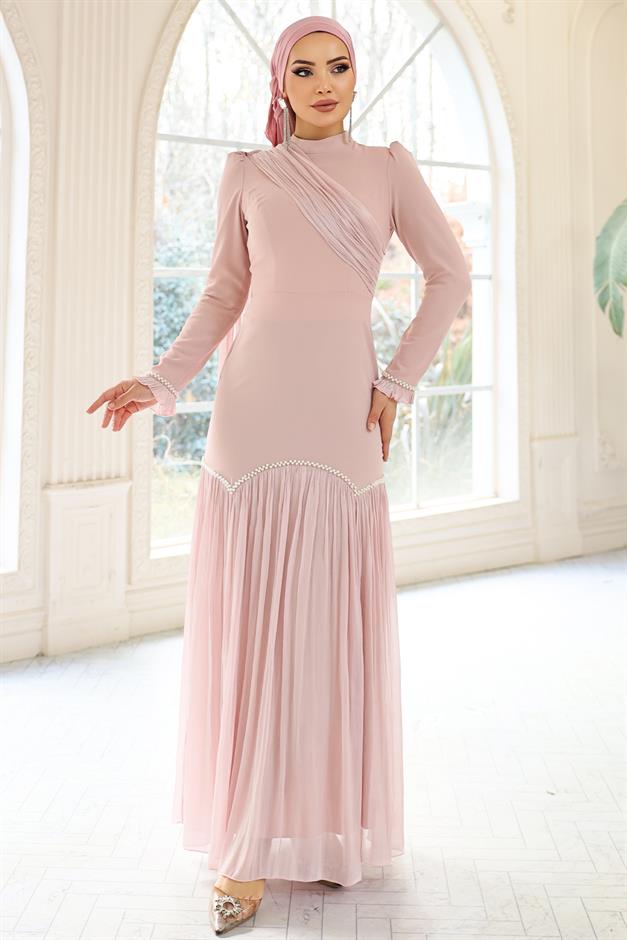 İnci Pilise Detaylı Krep Yoryo İpek Kombinli Tesettür Abiye Elbise PUDRA 1684