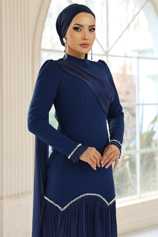 İnci Pilise Detaylı Krep Yoryo İpek Kombinli Tesettür Abiye Elbise LACİVERT 1684