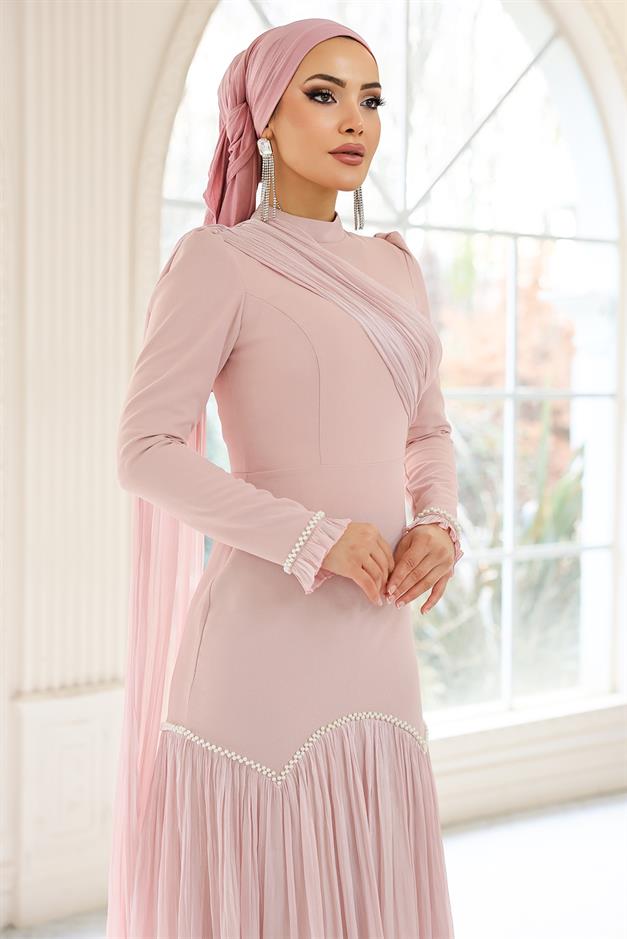 İnci Pilise Detaylı Krep Yoryo İpek Kombinli Tesettür Abiye Elbise PUDRA 1684