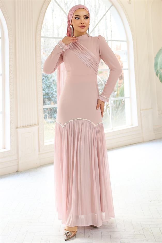 İnci Pilise Detaylı Krep Yoryo İpek Kombinli Tesettür Abiye Elbise PUDRA 1684