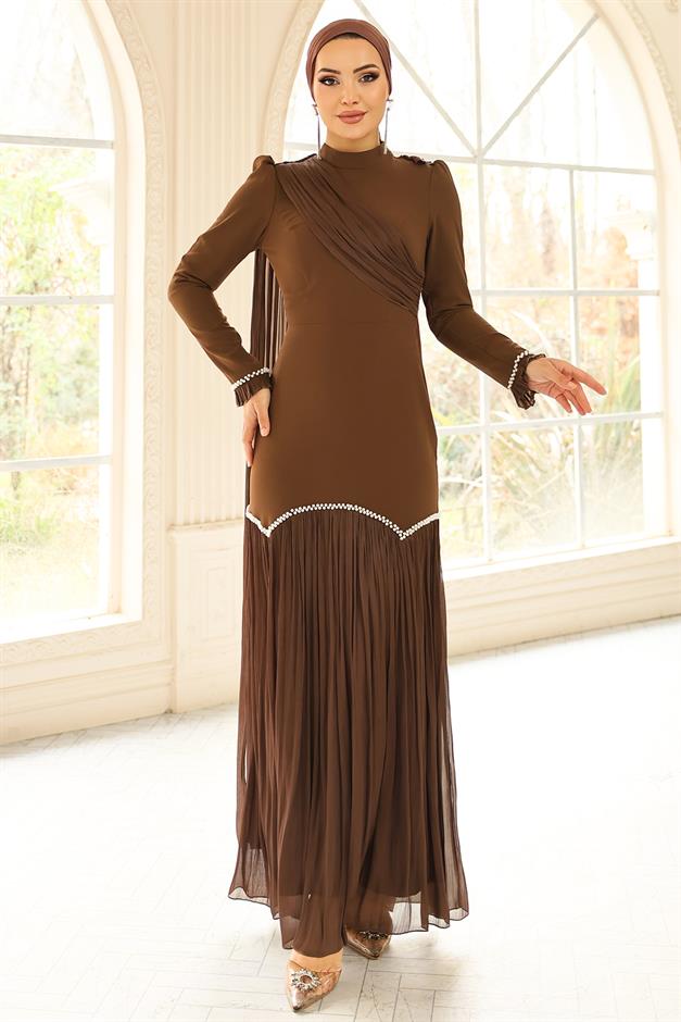 İnci Pilise Detaylı Krep Yoryo İpek Kombinli Tesettür Abiye Elbise KAHVE 1684